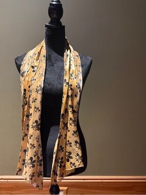 Silk-Like Floral Print Long Scarf - Mustard Yellow